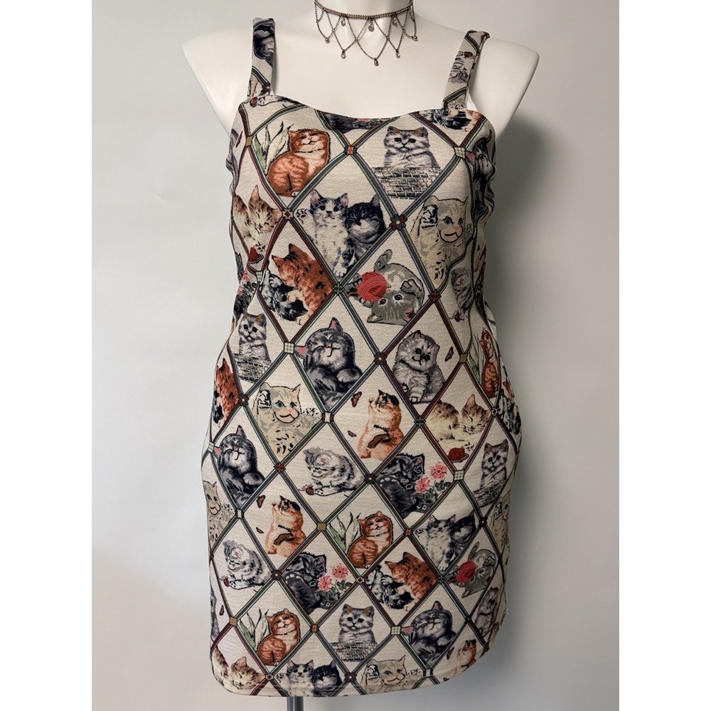 Retro Womens Dress Cat Tapestry Cottagecore 2XL 2X Grandmacore Kitty Stretch